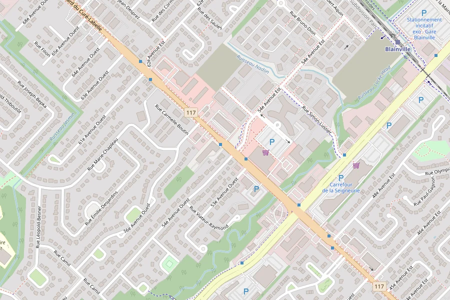 Carte du secteur de Blainville : le centre Pelvia Santé est situé sur le boulevard Curé-Labelle (route 117), près du Carrefour de la Seigneurie.