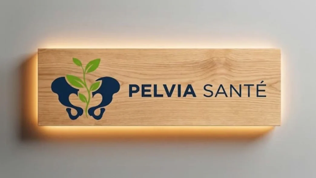 L'emblème de Pelvia Santé : le logo, un bassin stylisé avec une pousse verte, sur une plaque de bois rétroéclairée.
